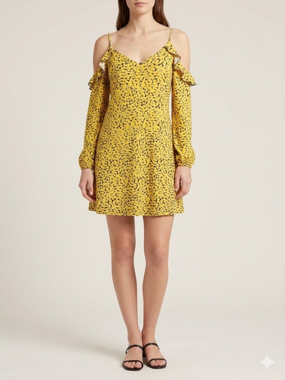 Michael Kors Yellow Floral Cold-Shoulder Mini Dress with Ruffle Detail